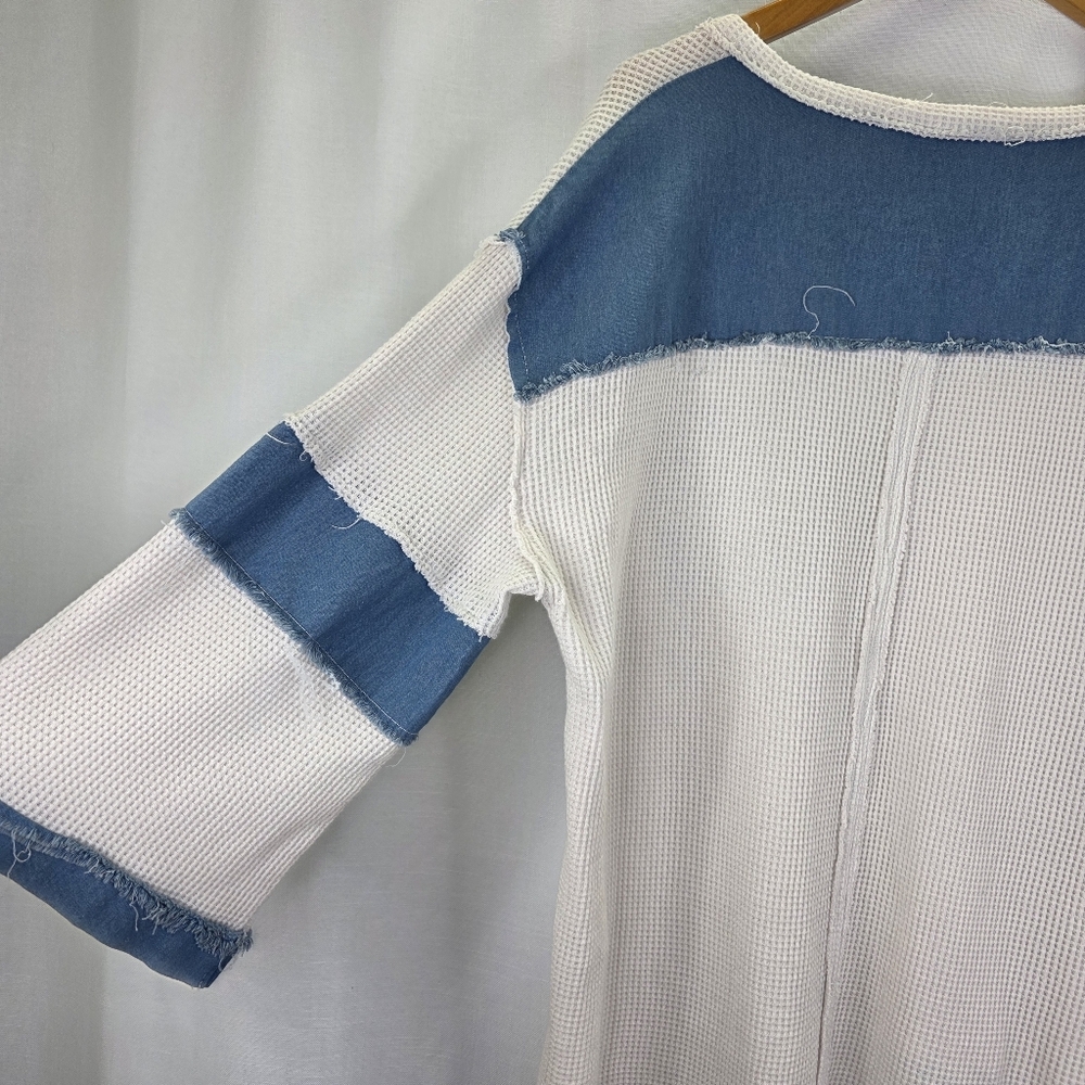 POL Women's Colorblock Waffle Knit  Round Neck Long Sleeve Boho Cottage Core  L - Picture 12 of 15